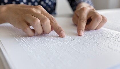 Closeup of a persons hands reading a book with tactile Braille text for the blind.