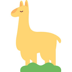A stylized illustration of a light yellow llama with closed eyes standing on green grass against a transparent background