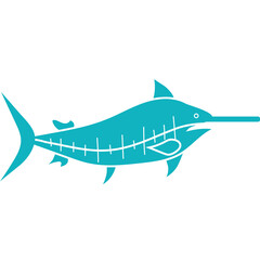 A stylized illustration of a marlin fish in turquoise blue and white against a transparent background representing the ocean creature in motion.