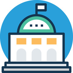 A stylized illustration of a white government building with a green dome and a flag on top set against a bright blue circular background