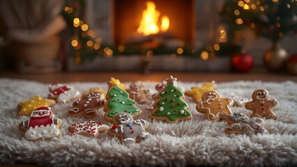 Festive Christmas Cookies Displayed Near a Warm Fireplace Creating a Cozy Scene