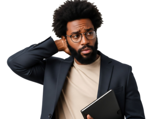 Young African American Businessman Thoughtfully Pondering Complex Problem Wearing Glasses Holding Folder