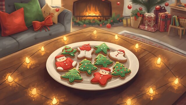Festive Christmas cookies on a plate near fireplace amidst holiday decorations