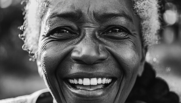 Artistic monochrome image capturing an elderly woman’s genuine laughter. Deep textures, emotional eyes, and graceful aging — emphasizing character, emotion, and the beauty of life’s experiences.