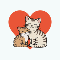 Two cartoon tabby cats with closed eyes snuggled together in front of a large red heart illustration on a white background.