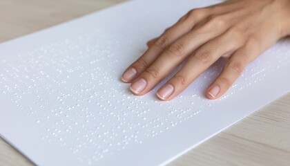 Hand Reading Braille on White Paper Accessibility Concept.