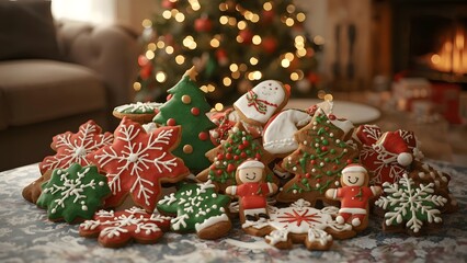 Festive christmas cookies on a table with a christmas tree in the background