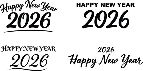  Happy New Year 2026 Typography Vector Pack – Elegant Black Calligraphy, Bold, Minimalist