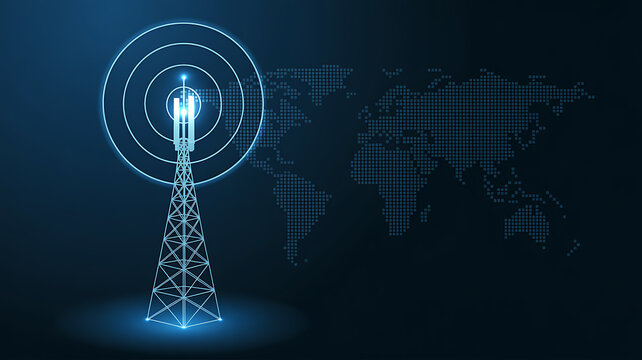 Communication Tower with Signal Waves and World Map Background antenna