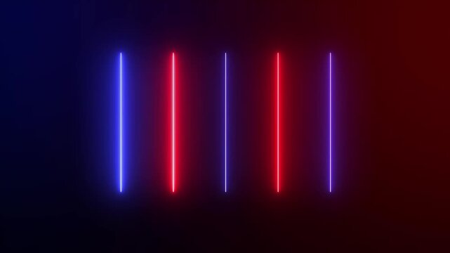 Animated abstract neon light with led light effect, flickering pattern. Colorful glowing neon light beams against on black background. 