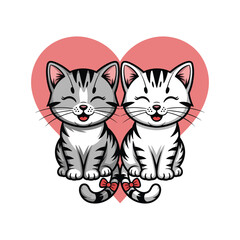 Two cute cartoon kittens sitting side by side with closed eyes and pink bows on their tails against a large pink heart.