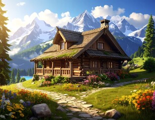 A charming wooden cabin nestled amid vibrant wildflowers, a meandering path leads to its porch. Majestic snow-capped peaks tower in the background