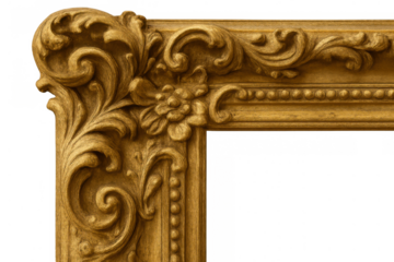 Ornate gold picture frame corner with intricate floral carvings and classic rococo style decorations