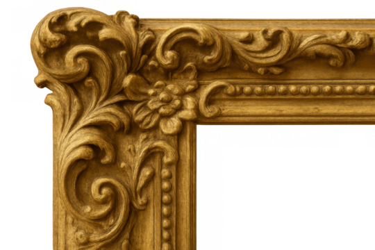 Ornate gold picture frame corner with intricate floral carvings and classic rococo style decorations
