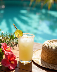 Refreshing tropical drink by the pool with lime and hibiscus flower in summer sunlight
