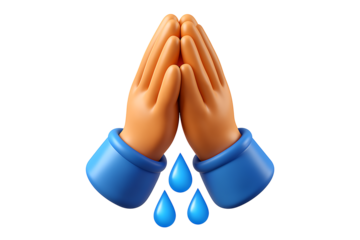 3D praying hands emoji with blue cuffs and falling blue water droplets on white illustration gesture