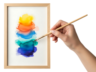 Watercolor Painting Hand Brush Creative Process Artistic Vibrant Abstract Colors Framed Modern Art Hobby