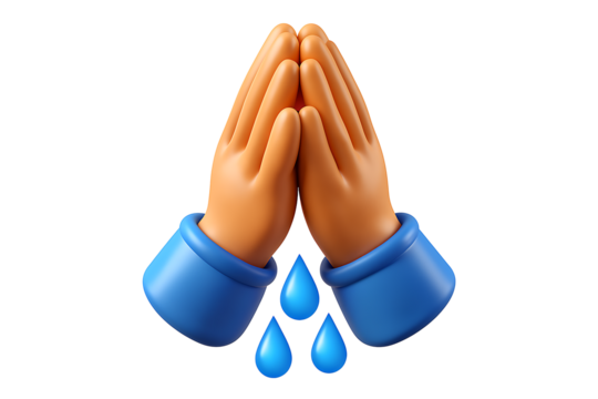 3D praying hands emoji with blue cuffs and falling blue water droplets on white illustration gesture