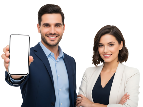 Confident Business Professionals Displaying Blank Smartphone Screen For Modern Technology App