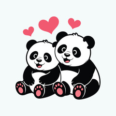 Two cute cartoon pandas sitting together with pink hearts floating above them animal vector illustration.