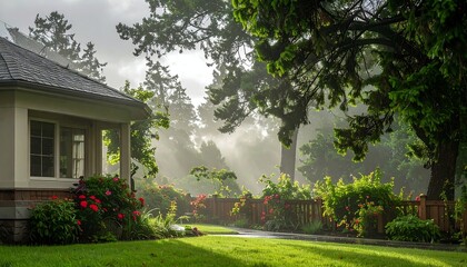 A cozy home basks in morning light, a lush garden in view with a hint of fog. Green lawn and a shaded path add serenity