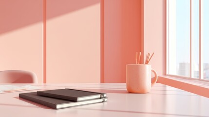 Modern productive workspace with notebook and desk accessories on a clean coral desk, minimalist office background for digital overlay and branding.

