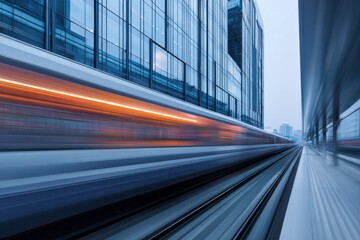 Obraz premium Modern train speeds through city station with blurred motion effect.