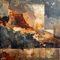 An abstract textured painting in a palette of browns, rusts, and blues