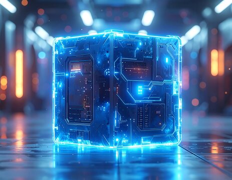Illuminated cube in a futuristic hallway with glowing blue circuits