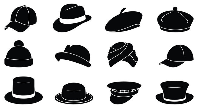 Hat Silhouette Collection – black vector hats, classic headwear set with fedora and cap icons