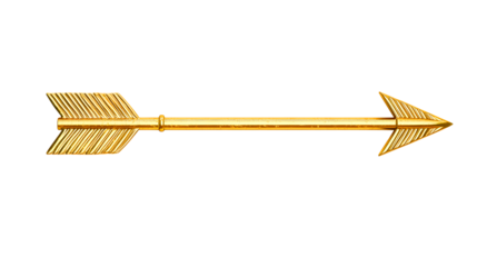 Golden arrow with detailed fletching and arrowhead pointing right isolated on transparent background