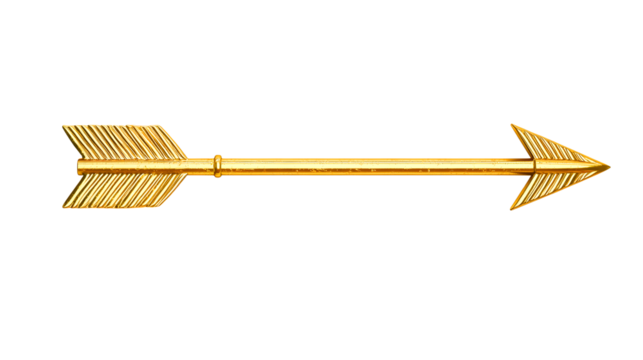 Golden arrow with detailed fletching and arrowhead pointing right isolated on transparent background
