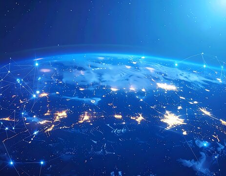 Illuminated globe showing city lights at night with network connections