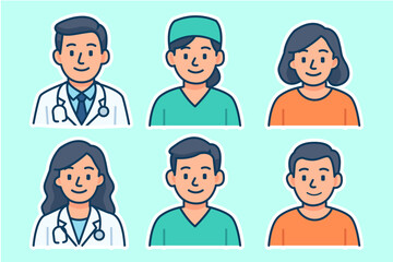 Set of Healthcare Professional Avatars - Doctor, Nurse, and Patient Cartoon Stickers Vector