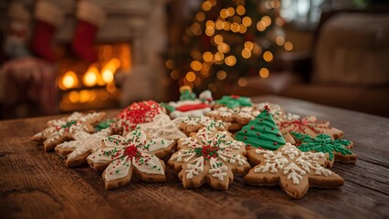 Festive Christmas cookies on wooden table with cozy fireplace backdrop