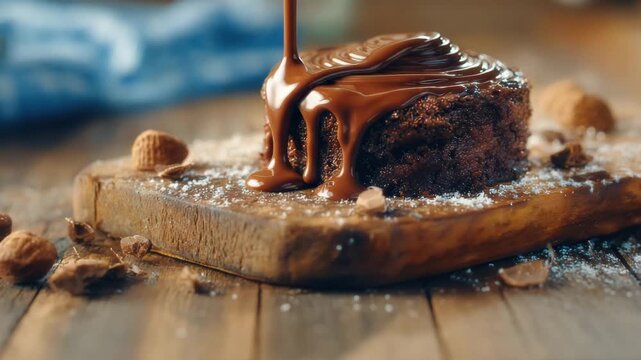 Delicious chocolate cake being drizzled with warm fudge on a rustic wooden board, a tempting dessert concept with rich flavor and decadent indulgence