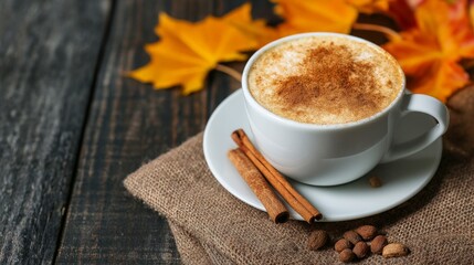 Warm cup of coffee with cinnamon and autumn leaves, cozy vibes.
