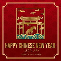 Lunar New Year, Year of the Horse. Square luxury design with a golden horse running under a traditional gate, framed by clouds and waves on a deep red background with Shou (longevity) pattern.