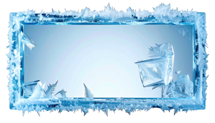 Frozen icy frame with crystal formations and blue background
