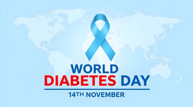 World diabetes day poster with blue ribbon and world map background, promoting awareness and support for diabetes prevention, treatment, and global health initiatives