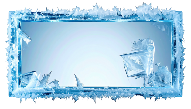 Frozen icy frame with crystal formations and blue background