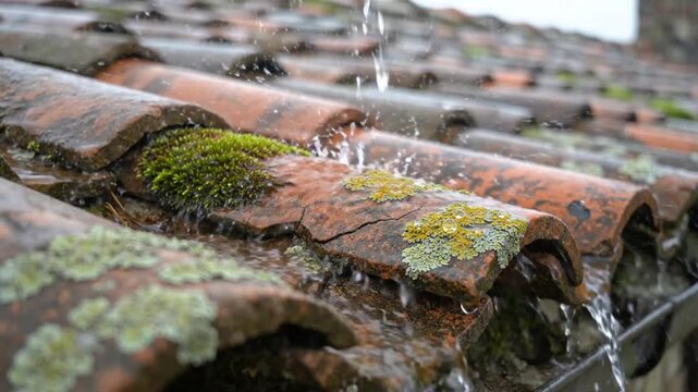 Rainwater dripping off old, moss-covered terracotta roof tiles into a gutter during a downpour.