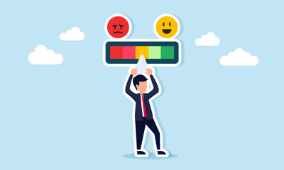 Businessman adjusting level on a meter with happy and angry emoticon icons illustration of customer business review and satisfaction feedback