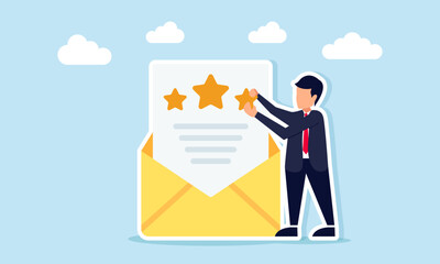 Businessman placing three stars on a document inside an envelope illustration of customer business review and rating feedback