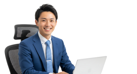 Smiling Japanese Businessman Professional Asian Executive Working on Laptop Digital Office Productivity