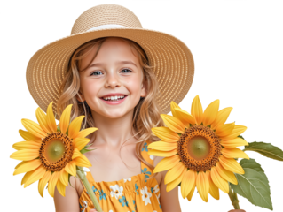 Smiling girl in a straw hat holding sunflowers, isolated on a transparent background