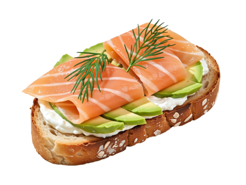 Salmon and avocado toast with cream cheese, isolated on a transparent background