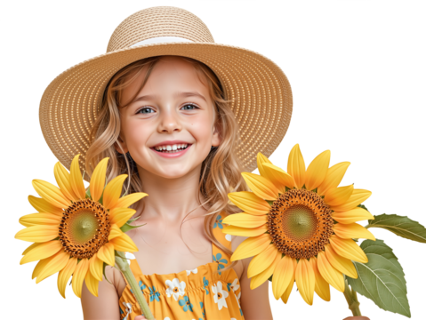 Smiling girl in a straw hat holding sunflowers, isolated on a transparent background