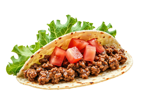Taco with meat, tomatoes, and lettuce isolated on transparent background.