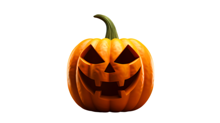 A carved halloween pumpkin with a scary face and glowing eyes isolated on transparent background